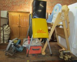 An electric tile cutter, together with an Al-Ko shredder, Makita circular saw, and a high chair. (4)