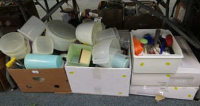 Kitchenalia, comprising pots, pans, tupperware, cutlery, ice cream scoop, two B&Q ceiling lights, et