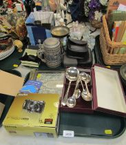 A Fuji Film EXR camera, silver plated wares, tankard, glass vase, goblet, etc. (2 trays)