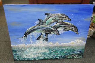 Justso James Ridington (20thC School). Free Spirit II (Dolphins at Sea), acrylic on canvas, signed,