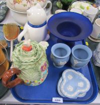 Two novelty teapots, Wedgwood blue Jasperware vases and two pin dishes, and a blue glass centre bowl
