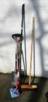 Various garden tools, spade, pitch fork, together with a Groundsman PVC broom, etc. (a quantity)