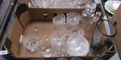 Five Whitefriars style glass dishes, each 11cm diameter, together with a cut glass decanter, smoked