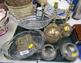 Various brass ware, to include pierced trivets, candlesticks, pewter two handled sugar bowl, moulded