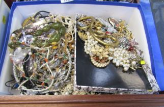 Assorted costume jewellery, comprising beaded necklaces, bangles, clip on earrings, etc. (1 box)