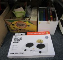 A G Pass electric double hot plate, various empty stamp stock books, scissors, stationary, labels, e