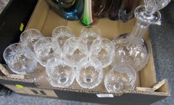 A cut glass decanter, together with Thomas Webb and other cut glass drinking glasses.