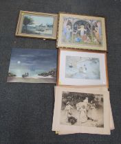 Pictures and prints, comprising Eastern canal scene, watercolour, DA Pelling, oil on canvas boating