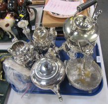 Silver plated wares, comprising spirit kettle, sugar basket, candelabrum, cruet, etc. (1 tray)