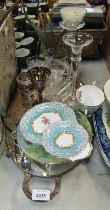 A silver plated two handled oval tray, together with Royal Albert teacups, candle stand, glassware,