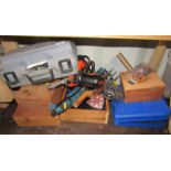 Various electric power tools, to include a Black and Decker saw, sander, socket set, vice, other woo