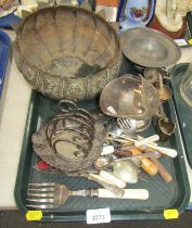 An Indian engraved brass fluted bowl, pewter ashtray, silver plated heart shaped toast rack, etc. (1