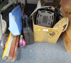 Various tools, comprising clamp, telephone, fan, boxed tool set, weights, spirit levels, emergency t
