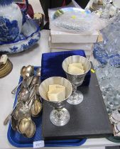 Silver plated wares, comprising presentation pewter goblet, cased canteen of cutlery, collectors pla