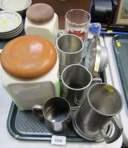 Kitchenalia, pewter tankards, storage jars, etc. (1 tray)