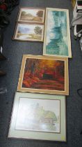 A group of assorted pictures and prints, comprising woodland landscape, after Stanley Orchard Tide M