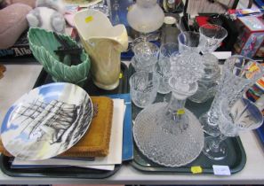Decorative glassware, comprising mallet decanter, drinking glasses, ship cabinet plate, oil lamp, pe