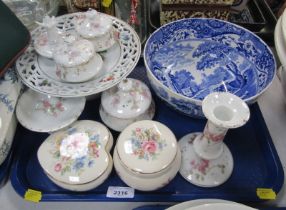 Part dressing table set, trinkets, dishes, and a Copeland Spode blue and white fruit bowl. (1 tray)