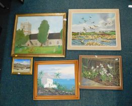 R.Massey (20thC) Church oil, signed, and four other works.