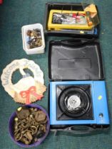 Various weights, furniture repair parts, gas camping stove, etc. (1 box)