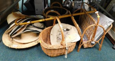 Various wicker baskets, a wicker magazine rack, bed linen, various hats, fan, etc. (all under one ta