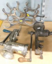 A Spong mincer, unbranded mixer and a modern wine bottle rack. (3)