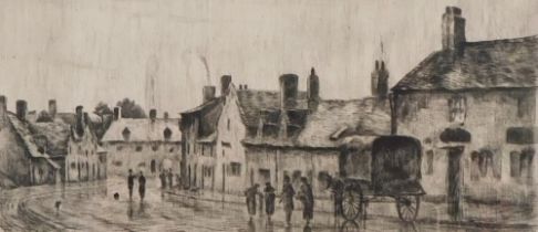 John Fullwood (1854-1931). Street scene with horse and cart, etching, 9cm x 18cm.