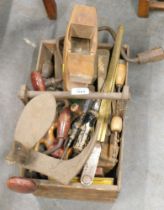 Various tools, screwdrivers, hand drill, wood block planes, etc. (1 box)