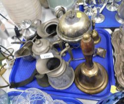 Silver plated and pewter wares, brass bell, shaver, etc. (1 tray)