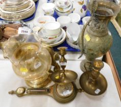 Brassware, comprising a brass bulldog, wall barometer, Eastern two handled vase, and two candlestick