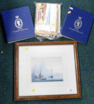 After H Thompson. A shipping print, framed, small group of cigarette cards, Coronation Anniversary s