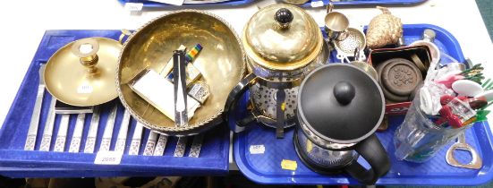 Silver plated trophy cups, cafetieres, stainless steel cutlery, brass bowl, etc. (1 tray and loose)