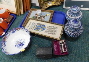 Pictures and ceramics, comprising a Mason's style bowl, two cased razors, Delft style jars, Velium A