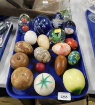 Ornaments and paperweights, comprising five unmarked glass paperweights, five marble and onyx eggs,