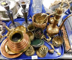 Brassware, comprising pierced candle dishes, a Weather ware jug, silver plated candlesticks, enamel