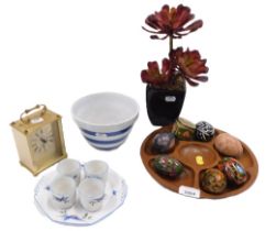 Carved wooden tray, painted Oriental style eggs, carved stone eggs, mantel clock, TG Green bowl, art