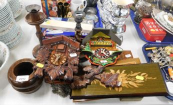 Treen, comprising carved wooden and marquetry panels, walnut and brass inlaid storage box, two candl