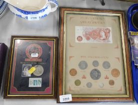 Framed currency, comprising The Old Currency of Great Britain coinage and ten shilling note framed,