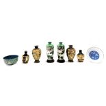A group of Chinese and Japanese ceramics, comprising a pair of Kutani miniature vases, 8cm high, a p