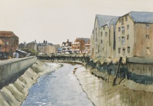 Charles Whitaker (19thC/20thC). New Bridge, River Haven, Boston, watercolour, signed, 35cm x 50cm. A