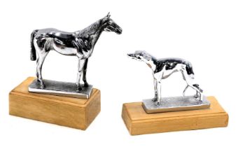 Two chrome plated car mascots, modelled as a horse and a greyhound, each on wooden plinth, 13cm and
