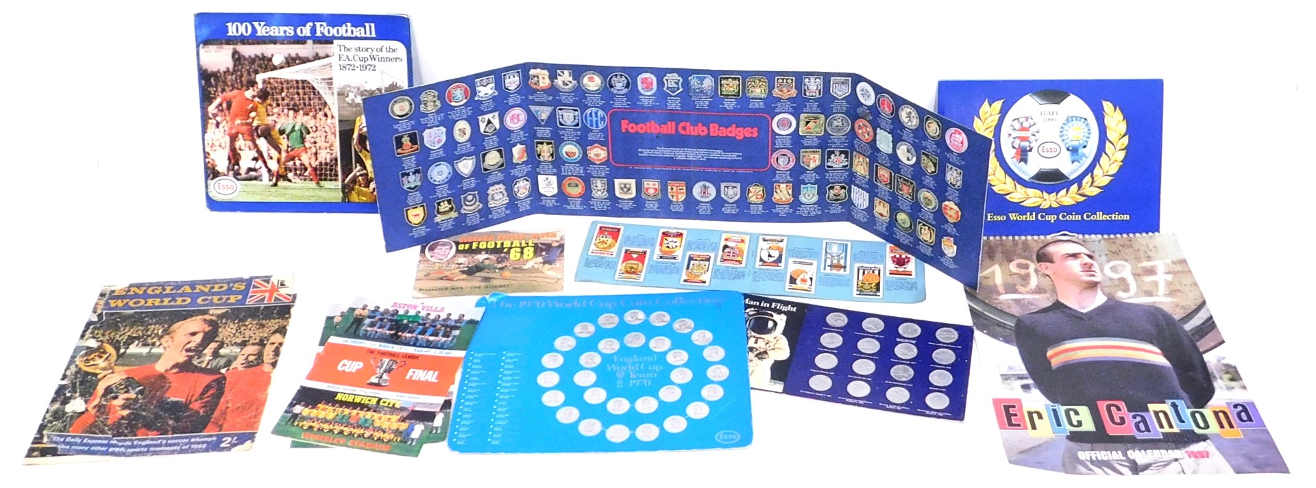 A quantity of football ephemera, to include an Esso 1990 World Cup medallion set, similar 1970 set,