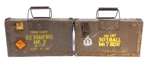 Two wood and metal ammunition boxes, each with carrying handles, one stamped 303BDR.