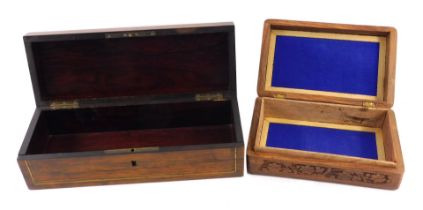 A late 19thC continental rosewood and brass glove box, 30cm wide, and an Indian carved cigarette box