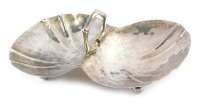 A George V Sir John Bennett of London silver double bonbon dish, with two shell capped bowls and cen