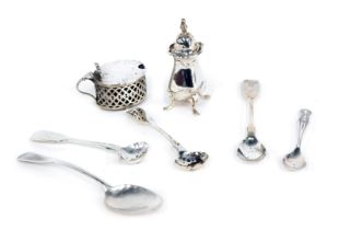 Silver and other cutlery, comprising a George V silver mustard pot with pierced design and blue glas