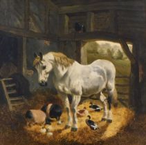 Attributed to John Frederick Herring Jnr (1815-1907). A farmyard stable scene with a grey cob, pigs