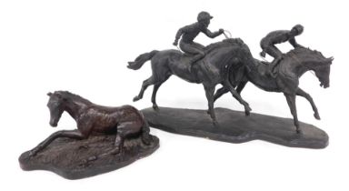 Two bronzed resin horse ornaments, comprising Heradites First Past the Post LE 122 model, 38cm diame