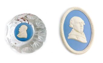 A Wedgwood glass Sir Winston Churchill paperweight, and a Jasperware plaque of George Stubbs.