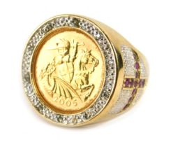 A Queen Elizabeth II St George full gold sovereign ring, the sovereign dated 2005 with warrior on ho